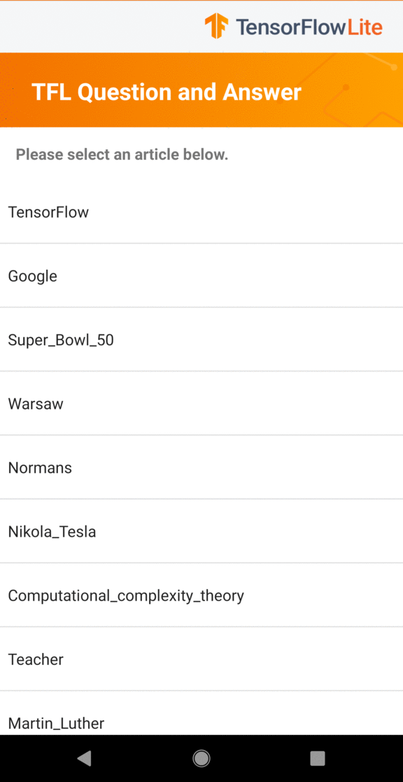 Question answering example app in Android